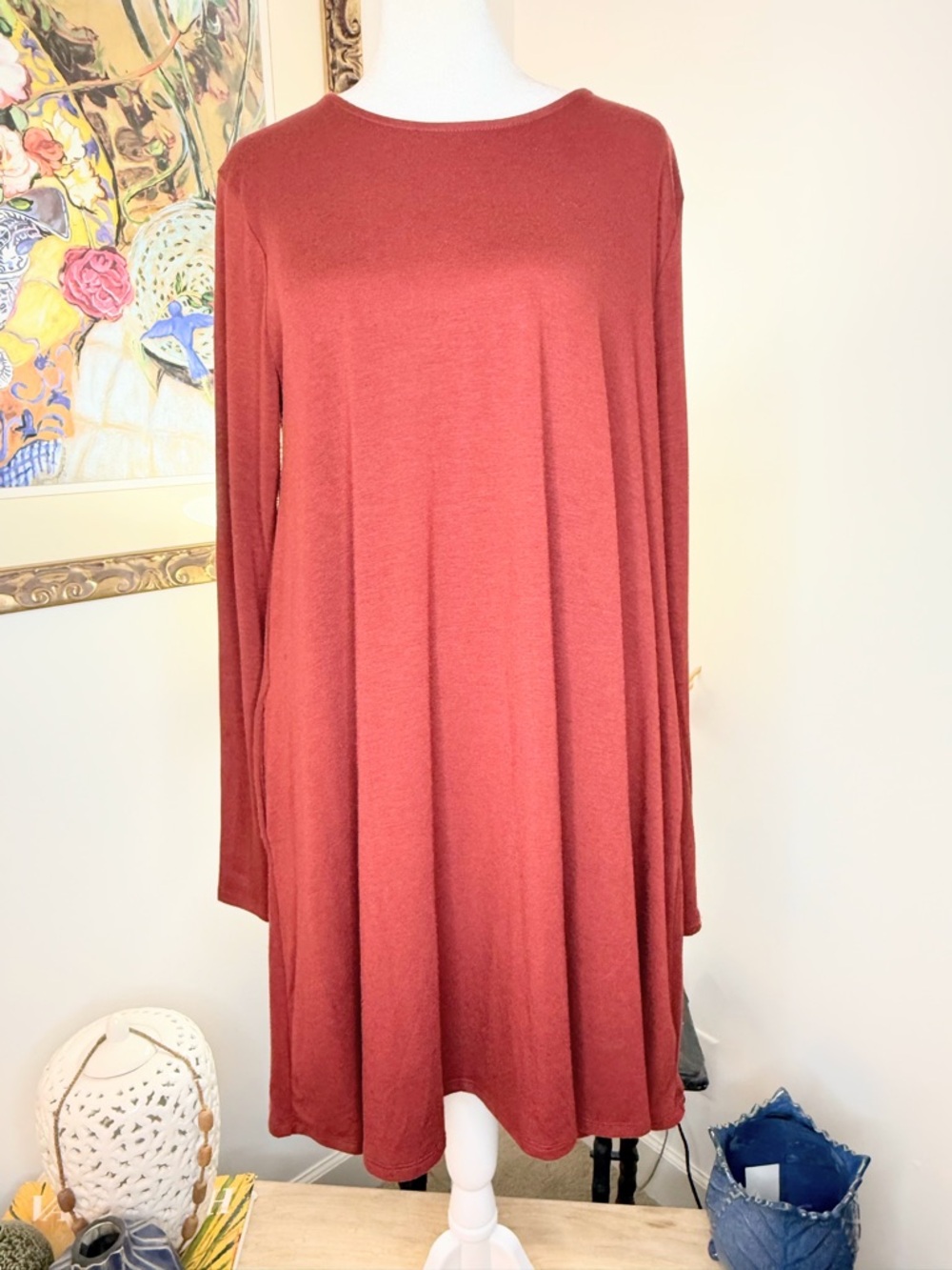 Zenana Premium XL Rust Dress Womens Flowy Swing Tunic Long Sleeve Pockets Casual